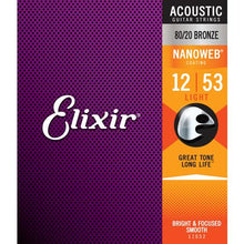 Load image into Gallery viewer, ELIXIR 11002 12-53 80/20 NANOWEB EX LIGHT ACOUSTIC GUITAR STRINGS