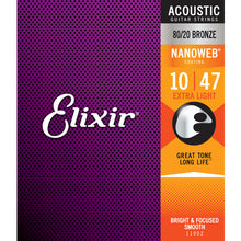 Load image into Gallery viewer, ELIXIR 11002 10-47 80/20 NANOWEB EX LIGHT ACOUSTIC GUITAR STRINGS