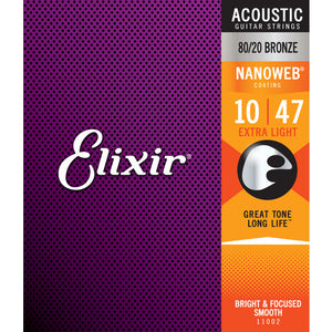 ELIXIR 11002 10-47 80/20 NANOWEB EX LIGHT ACOUSTIC GUITAR STRINGS