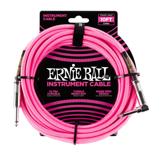 ERNIE BALL CABLE - 10FT BRAIDED STRAIGHT / ANGLE INSTRUMENT CABLE - NEON PINK